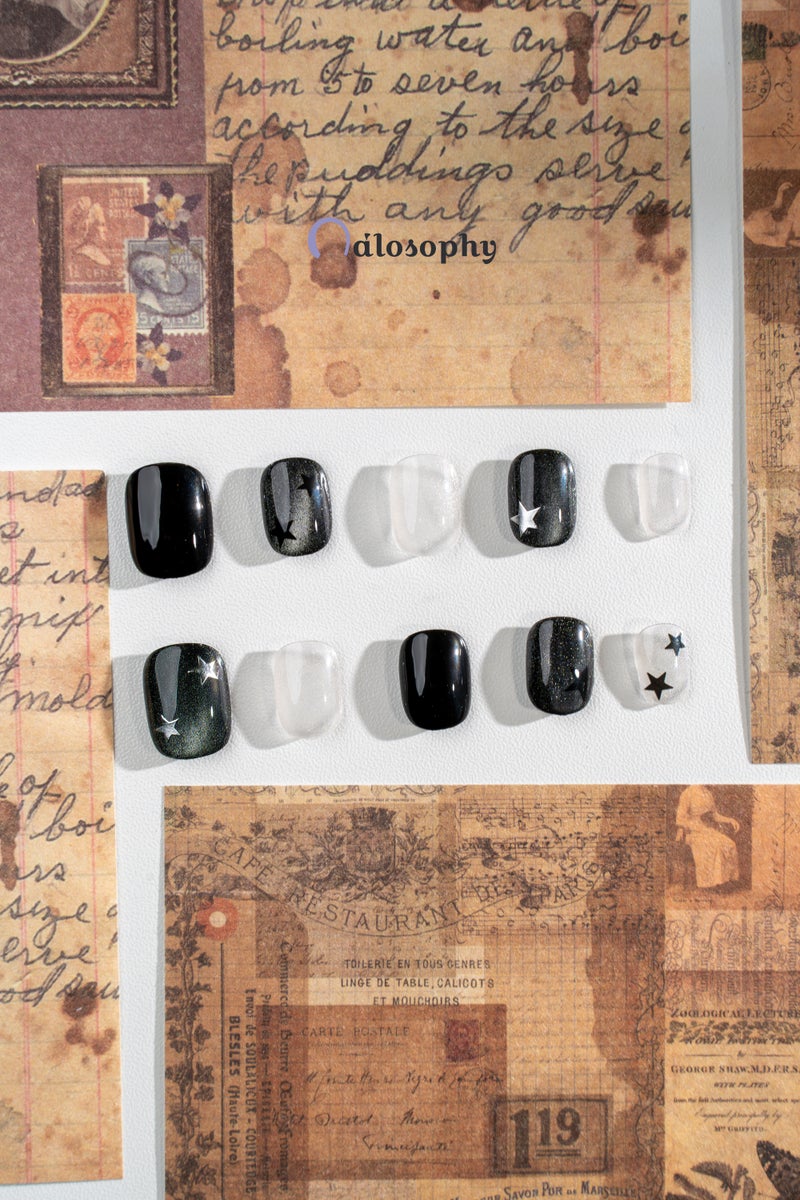 Nailosophy أظافر جل مضغوطة يدوية الصنع بعيون قطط سوداء مع نجوم | شكل دائري - Image 2